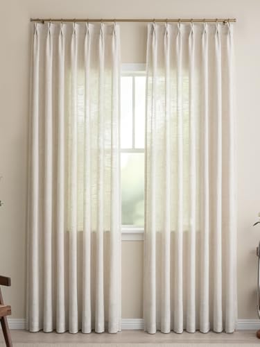 Liz Sheer Pinch Pleated Linen Curtains 90 Inches Long - Light Filtering Pleat Curtains for Living Room,Window Curtains for Bedroom, Luxury Pinch Pleated Drapes with Hooks, Natural, 2 Panels Set