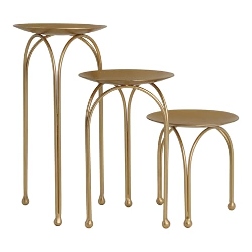 Hosley Style Gold Iron Pillar Candle Holders - Set of 3 Round Tripod Candle Stands, Elegant Metal Decorative Display Risers for Wedding Centerpieces, Home Dining Table, Party & Mantel Decor