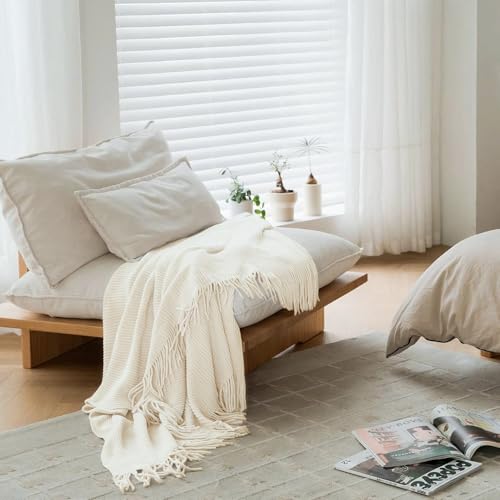 lifein Throw Blanket for Couch, Soft Boho Decor Bed Throw,Cozy Blue Chenille Knitted Small Farmhouse Lightweight Throw for All Season(Off White,50 * 60")