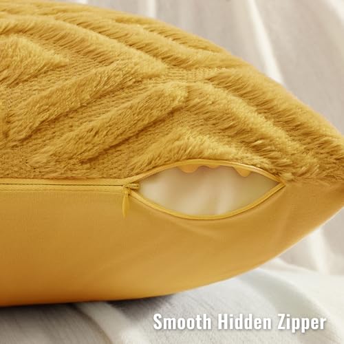 decorUhome Fall Faux Fur Mustard Yellow Throw Pillow Covers 20x20 Set of 2