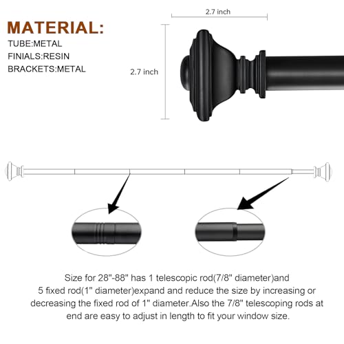 BRIOFOX BLACK Curtain Rods for Windows 48 to 84 Inch Adjustable Length 1 Inch Diameter Heavy Duty Window Curtain Rods for Indoor Ourdoors With Classic Square Finials