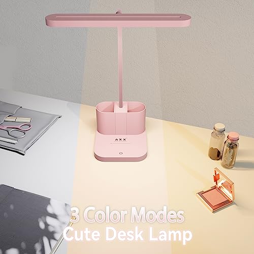 Pink Desk Lamp for Home Office, Cute Table Lights for Bedrooms, Kawaii, Dimmable LED, Flexible Gooseneck, Pen Holder, Touch Control, Room College Dorm Essentials for Teen Girls Kids