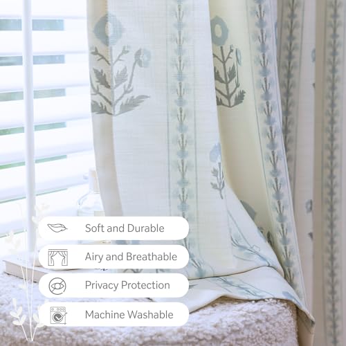 DrapePalette - Linen Blend Pinch Pleated Curtains 96 Inches Long for Living Room, Bedroom, Dining Room, Light Filtering Curtains 2 Panels Set, Modern Floral Printed Design, Antique White 30" W x 96" L