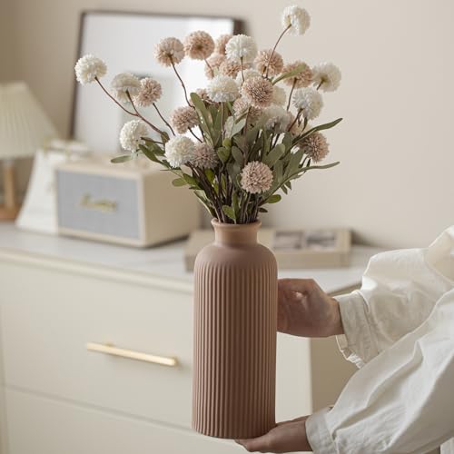 Large Modern Ceramic Vase Set, Coffee Ribbed Matte Design, 3-Piece Decorative Vases for Home, Living Room, Office (XL Coffee Mix)