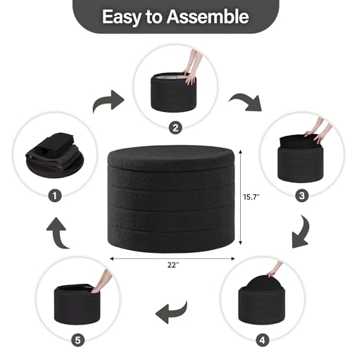 B FSOBEIIALEO Folding Storage Ottoman, Round Sherpa Ottomans, Dark Grey