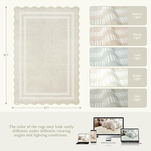 Washable 6x9 Area Rugs for Living Room, Solid Ivory Ultra-Thin Bedroom Rug Non-Slip Dining Room Rugs, Soft Scalloped Carpet for Nursery Kids Room Office