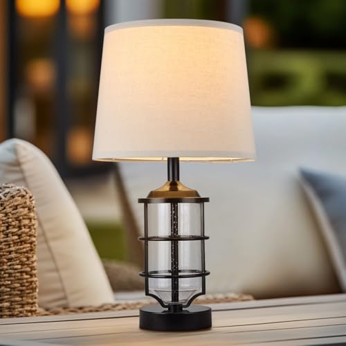 Outdoor Table Lamp, Farmhouse Lamp for Patio Table Decor with Cord, Rustic Table Light with Seeded Glass, 23.5" Plug-in Outdoor Lamps for Patio Waterproof, LED Bulb Included (Black)