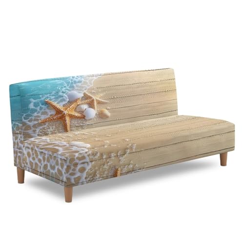 Futon Sofa Cover Starfish Wood Print Armless Couch Cover Stretch Futon Slipcover Easy to Install Futon Accent Slipcovers Dustproof Xmas Decor