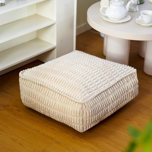 Square Ottoman Pouf Cover Unstuffed Storage Bean Bag, Beige
