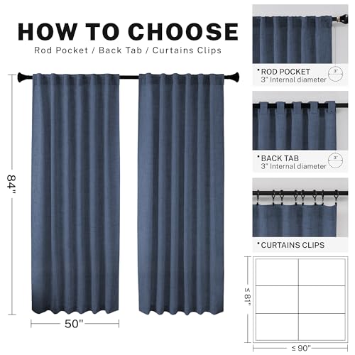 Navy Blue Polyester Curtains 96 Inches Long 2 Panel Set Midnight Blue Light Filtering Privacy Semi Sheer Curtain Panels Modern Farmhouse Window Drapes for Living Room Bedroom Indigo, 8FT