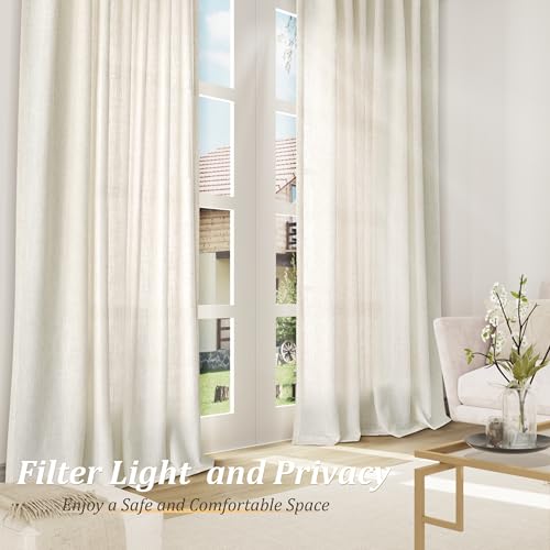 Guken Natural Cream Linen Curtains 84 inches Long for Living Room Bedroom 1 Panel Back Tab Privacy Semi Sheer Boho Farmhouse Light Filtering Window Curtain 84 Inch Length Ivory Off White Linen Drape