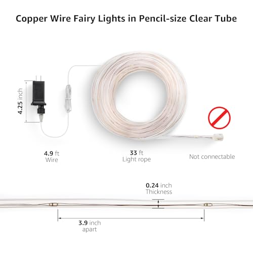 Lighting EVER Plug in Rope Lights with Small Tube, 1/4 in Pencil-Size, 100 LED Copper Wire String Lights in 33 ft Tube, Cool White 6000K, Thin Light Rope for Railing, Fence, Balcony, Not Connectable