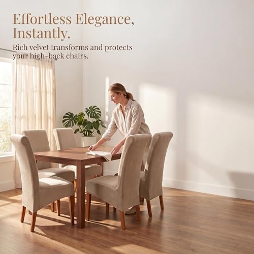 Deisy Dee Stretch XL/Oversized Extra Large Velvet Dining Room Chair Covers for Kitchen Dining，Removable Washable Chair Protectors Slipcovers (Khaki, 2)
