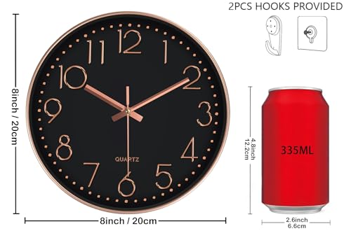 Silent Wall Clocks Battery Operated 8 Inch, Analog Wall Clock with Oversized Number Tempered Glass Clock Face, Non Ticking Wall Clocks for Living Room Bedroom Kitchen Office, Black Rose Gold