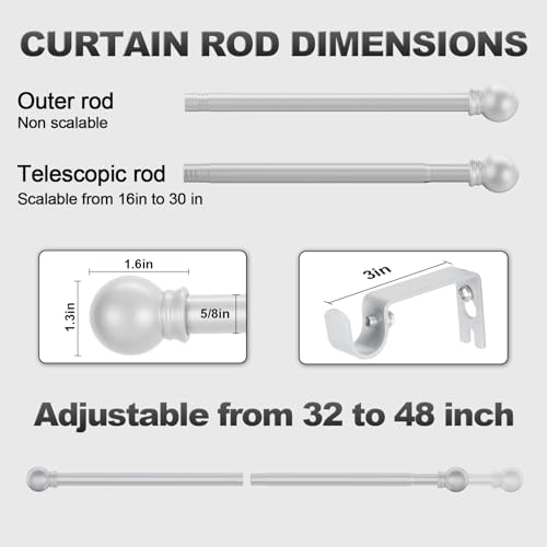 Silver Curtain Rods for Windows with Brackets,5/8 Inch Diameter Small Window Curtain Rod Adjustable 32 to 48 Inches,Easy Install Drapery Rods,Gray