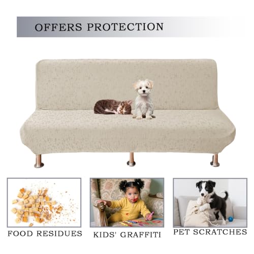 Futon Cover Slipcover Super Stretch Full Size Soft Armless Sofa Bed Slipcover Jacquard Futon Sofa Cover Furniture Bed Protector with Non-Slip Elastic Bottom Beige