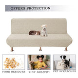 Futon Cover Slipcover Super Stretch Full Size Soft Armless Sofa Bed Slipcover Jacquard Futon Sofa Cover Furniture Bed Protector with Non-Slip Elastic Bottom Beige