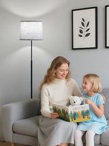 60" Modern Floor Lamp for Living Room Bedroom, Standing Lamp with Oatmeal Linen Lampshade, Tall Lamp with A19 9W 3 Color Temperature Bulb, Foot Switch Control, Black