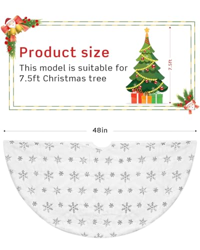 COOLWUFAN 48 Inches Faux Fur Christmas Tree Skirt for Xmas Tree Holiday Party Decorations White Plush Silver Sequin Snowflake (Silver)