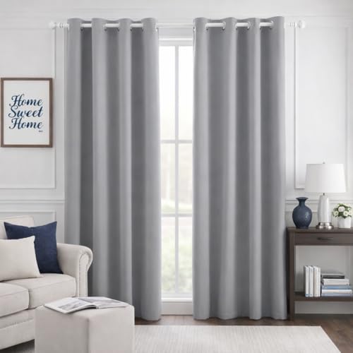 HOMEIDEAS Blackout Curtains for Bedroom 52 X 84 Inch Long 2 Panels Set Light Grey/Gray Room Darkening Curtains/Drapes, Soundproof Thermal Grommet Window Curtains for Living Room