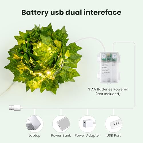 HEYFUNi Fake Ivy Vines with Lights, 23 Ft 73 Led Artificial Greenery Garland with Fairy Lights USB/Battery Operated, Leaf String Lights for Bedroom Aesthetic, Wall, Balcony, Wedding Decor, Warm White