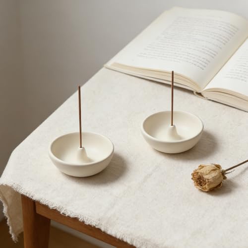 Cream White Ceramic Incense Holder Bowl - 3 Inch Round Incense Burner for Meditation, Home Decor, Ash Catcher with Center Hole for Thin Sticks (Cream White)