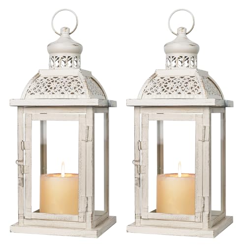 Lantern Decorative Indoor&Outdoor, 2 Pack 14.4'' Large Metal Candle Lanterns, Vintage Hanging Candle Holders for Farmhouse Wedding Front Porch Patio, Halloween Christmas Decorations for Home