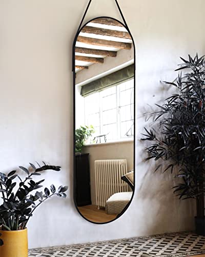 OGCAU 48'' x 16'' Full Length Mirror Wall-Mounted, Full Body Hanging Mirror for Wall and Door in Bedroom, Living Room, Oval with Straps, Hanging with Aluminum Alloy Frame (Oval Black)