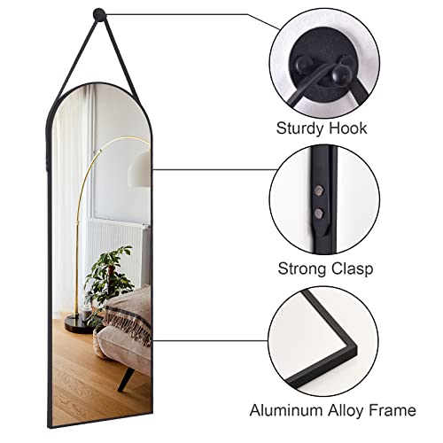 HARRITPURE 16"x48"Arched Mirror with Hanging Leather Strap Full Length Mirror Aluminum Frame Wall-Mounted Arch Hanging Mirrors for Bathroom Vanity Living Room Bedroom Entryway Decor