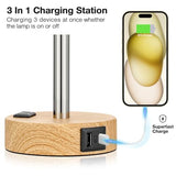 Bedside Table Lamp for Bedroom - 3 Way Dimmable Touch Lamp USB C Charging Ports and AC Outlet, Small Lamp Wood Base Round Flaxen Fabric Shade for Living Room, Desk, LED Bulb Included