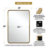 ANDY STAR Brushed Gold Mirrors for Bathroom, 24x36’’ Rounded Rectangle Mirror, Modern Brass Bathroom Vanity Mirror Non-Rusting Metal Tube Framed 1’’ Deep Wall-Mounted Mirrors Vertical/Horizontal