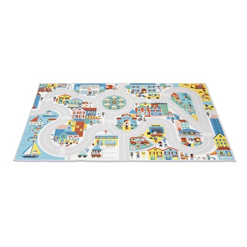 Janod - Children's Car Rug - City Theme - Soft & Non-Slip - Urban Pattern - Play Rug for Girls & Boys' Bedrooms - 120 x 78cm - Hand Washable - from 2 Years Old - J05910
