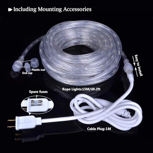 20ft 3000k LED Rope Lights, IP65 Waterproof Connectable 144LED Warm White Rope Lighting, Flexible Plug-in String Lights for Camping Outdoor Indoor Patio Christmas Halloween Party Decoration