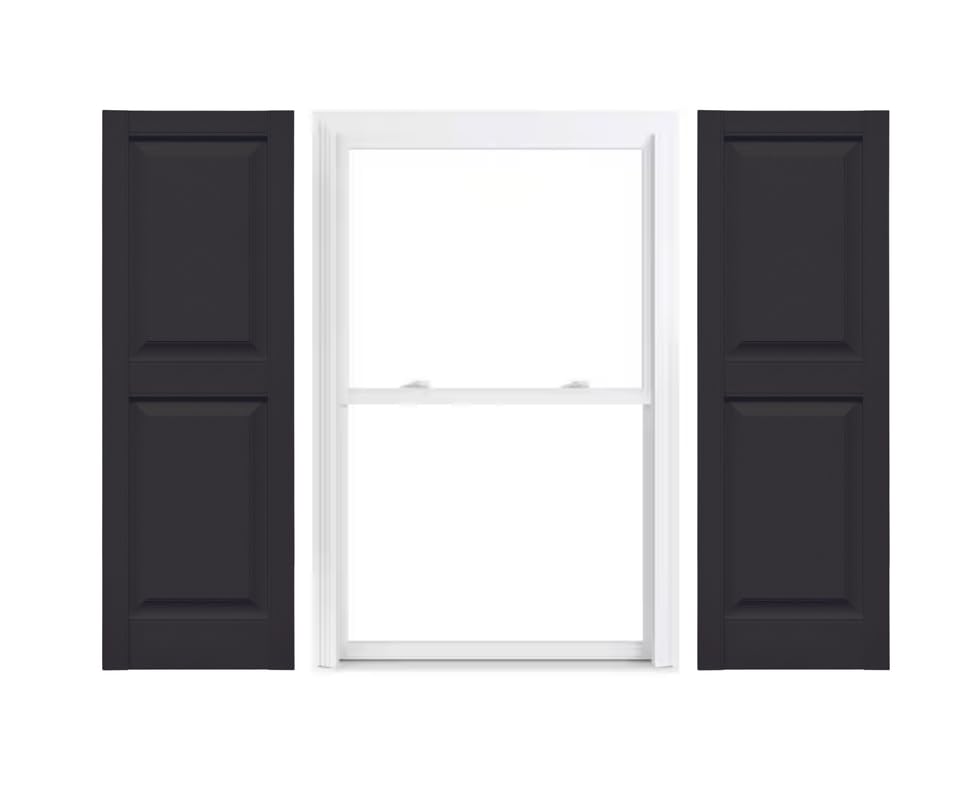 Vinyl Exterior Shutters | One Pair | Raised Two Panel 50/50 Split Exterior Window Shutters | 18" x 48" | Black | Simple Installation + Hardware Included | Made in The US