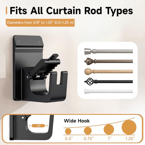 Universal Heavy Duty Curtain Rod Brackets, No Drill Curtain Rod Brackets with Adhesive & Invisible Nail, 30+LB Load Curtain Rod Holders, Damage Free Curtain Rod Hooks for Wall, Bathroom, Kitchen 8PC