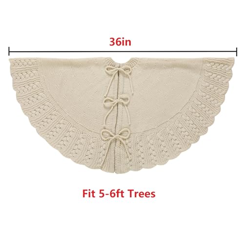 Ivory Knitted Christmas Tree Skirt, Cozy Cable Knit Design with Scalloped Edge and Ties, Rustic Farmhouse Holiday Décor for Christmas Tree Base(Ivory, 36")
