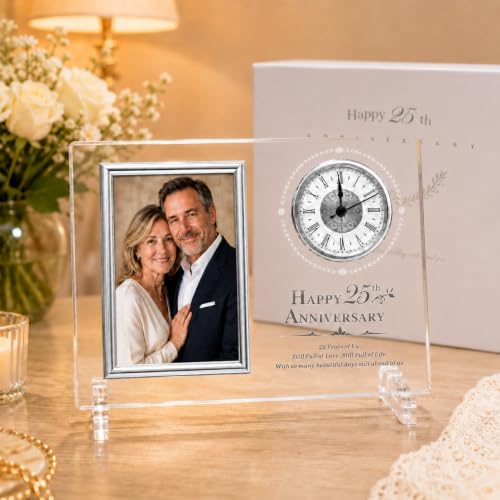 25th Wedding Anniversary Quartz Clock | silver Anniversary Decorative Gift for Parents Couples Him or Her (Battery Not Included)