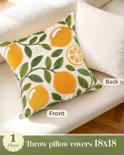 Embroidered Throw Pillow Cover, 18x18 Inch, Lemon Branch