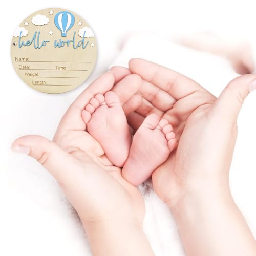 Baby Announcement Sign, 5.9 Inch Wooden Hello World Newborn Signs, Birth Announcement Sign and Pen, Hot Air Balloon and White Cloud Decoration, Welcome Newborn Arrival to World (Blue)