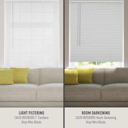 Calyx INTERIORS Room Darkening Vinyl Mini Blinds, Cordless, 1" Slat, 31.5" W x 60" H, White. Inside Mount in Windows 31.75 and Greater; Indoor Window Shades