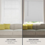 Calyx INTERIORS Room Darkening Vinyl Mini Blinds, Cordless, 1" Slat, 31.5" W x 60" H, White. Inside Mount in Windows 31.75 and Greater; Indoor Window Shades
