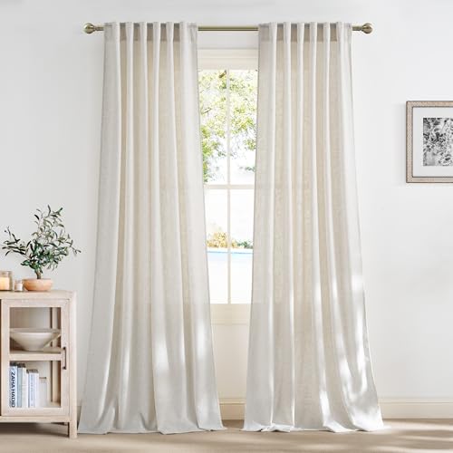 NICETOWN Natural Linen Curtains 96 inch Long 2 Panels Set, Thick Organic Flax Linen Blend Privacy Window Drapes Rod Pocket & Back Tab with Light Filtering for Bedroom/Living Room, W55 x L96