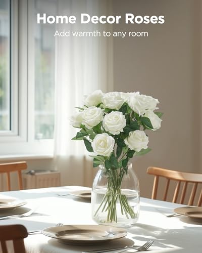 InnoGear 50 Pcs White Roses Artificial Flowers, Fake Velvet Silk Rose Bulk Faux Flower for Mother's Gift Decoration DIY Wedding Centerpieces Proposal Bridal Bouquets Party Floral Decor (50, White)