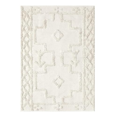 Uphome Boho Area Rug 3' x 5', Cream Washable Cotton Woven Entryway Rug with Tassels, Moroccan Tufted Bedroom Rug, Farmhouse Tribal Floor Carpet for Entry Office Porch Living Room Kitchen