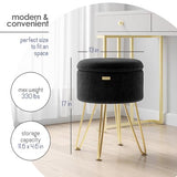 Round Ottoman with Storage, Textured Velvet Storage Ottoman, Foot Stool Ottomans, Makeup Vanity Stool, Small Ottomans Foot Rest, Modern Vanity Stools for Living Room and Bedroom, Black