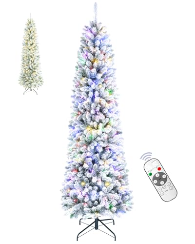 6FT Pre-lit Pencil Snow Flocked Christmas Tree Spruce with Remote Control, 250 Warm White Multi-Color Lights, Artificial Hinged/Slim/Skinny/Feel Real/Realistic for Home, Holiday Decoration 6 Feet