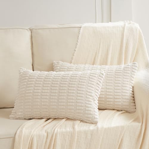 Fancy Homi Decorative Throw Pillow Covers for Bed Couch Bedroom Bench, Soft Corduroy Solid Pillow Case, Rustic Farmhouse Boho Room Decor,20" x 12" (Pack of 1),Cream