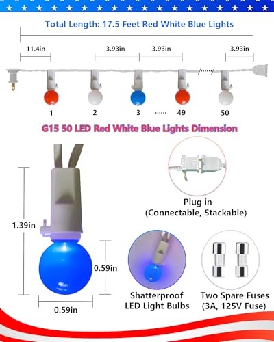 Red White Blue Lights Outdoor 17.5Ft 4th of July Lights 50 LED G15 Globe Patriotic String Light, Plug in Red White and Blue String Light for Fourth of July Memorial Day Patio Christmas Home Decor