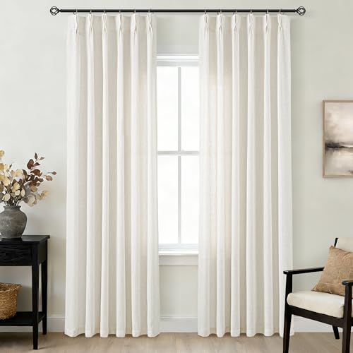 Triple Pinch Pleated 90 inch Long Linen Curtains 2 Panels Set for Living Room Track System Curtains Neutral Modern Farmhouse Light Filtering Semi Sheer Linen Blend Pinch Pleat Drapes 90 Length Cream