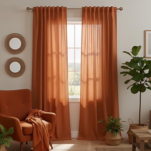 Mrs.Naturall Linen Curtains for Living Room, Burnt Orange Boho Back Tab Light Filtering Semi Sheer Drapes, Mid Century Modern Retro Decor Window Curtain for Bedroom 84 Inches Long, 2 Panels Set